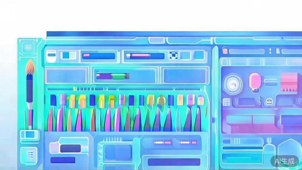 Flat vector illustration of futuristic AI painting tools for design, dashboard style, soft blue gradient