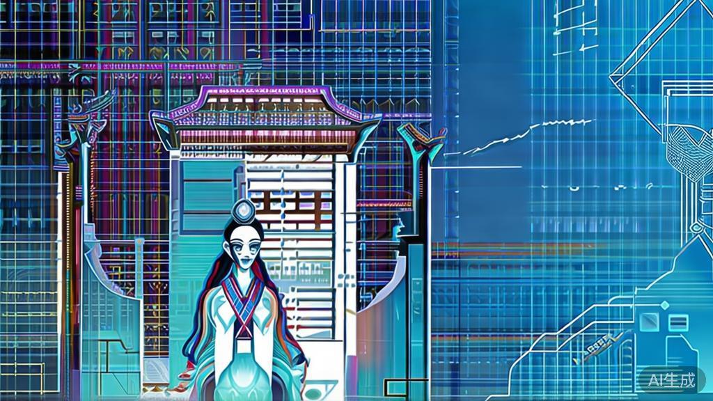 Flat vector illustration of the contrast between traditional Chinese goddess and AI painting style, dashboard style, soft blue gradient