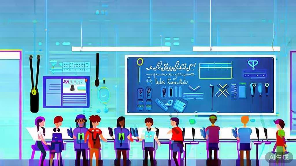 Flat vector illustration of a classroom using AI drawing tools, dashboard style, soft blue gradient