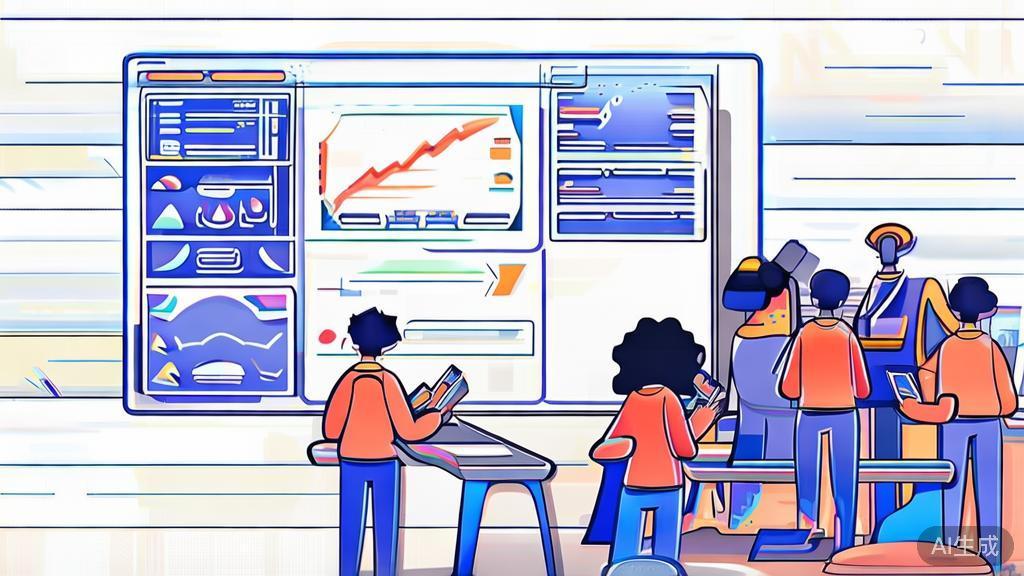 High-quality illustration showing students collaborating on AI drawing, minimal flat design