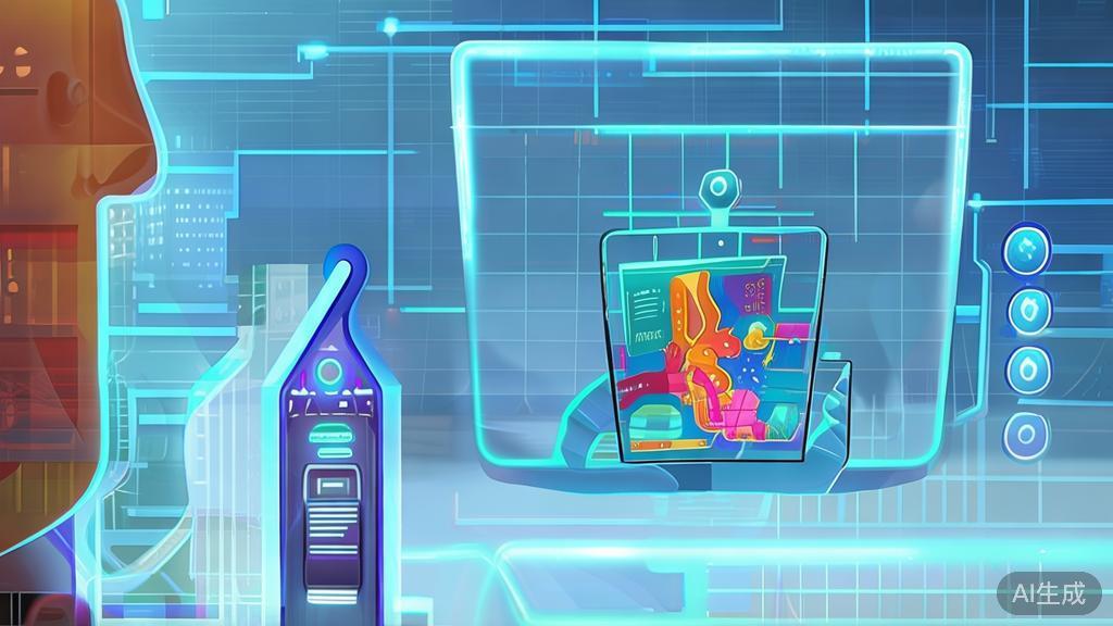 Flat vector illustration of a user interacting with AI art tools, focusing on clarity and details, soft blue gradient