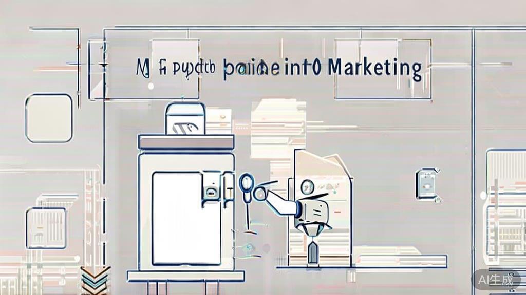 "High-quality business illustration regarding marketing with AI painting, minimal flat design"