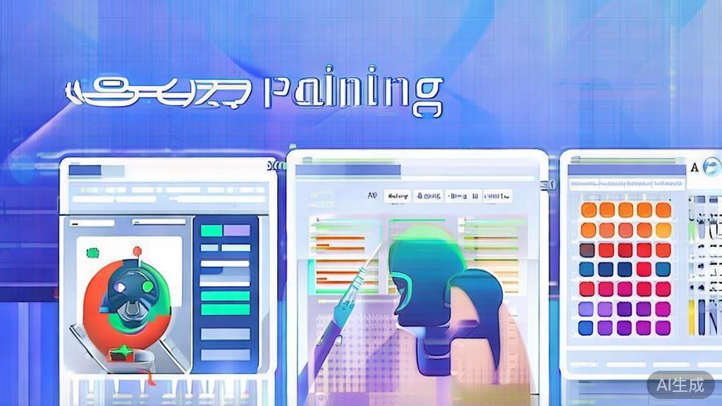 "Flat vector illustration of diverse applications of AI painting, dashboard style, soft blue gradient"