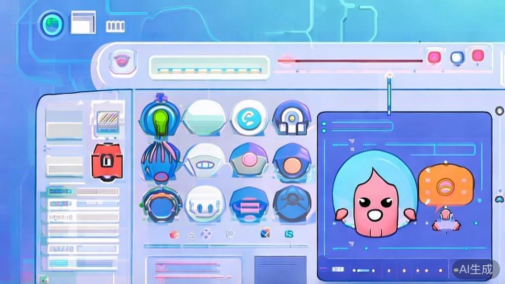 Flat vector illustration of AI technology advancements in cartoon character creation, dashboard style, soft blue gradient