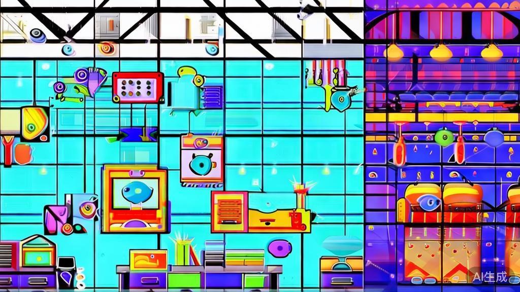 Illustration showing the impact of AI-generated cartoon characters in various industries, such as education and entertainment, flat vector style