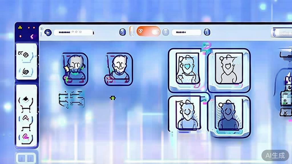 Flat vector illustration of character design process using AI, dashboard style, soft blue gradient