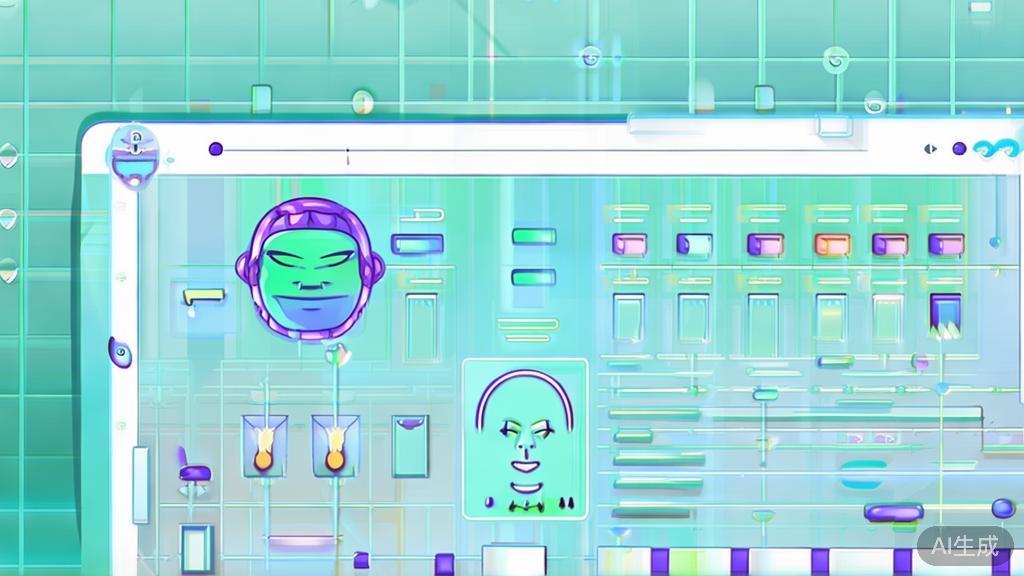 Flat vector illustration of Artbreeder interface, showcasing character customization, soft blue gradient