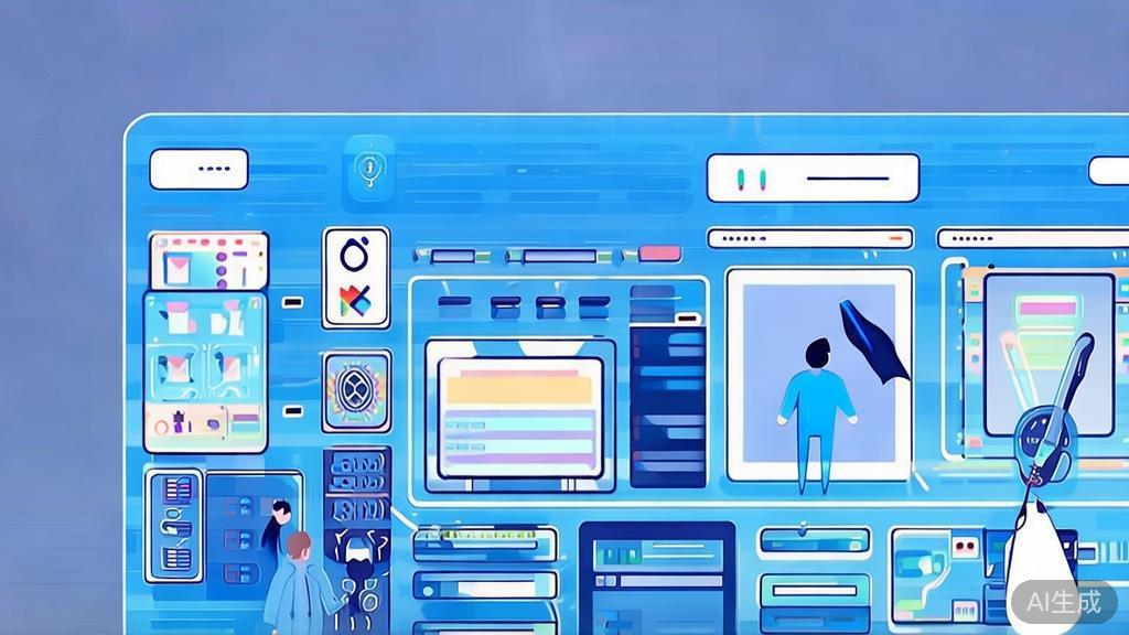 Flat vector illustration of AI in art collaboration, dashboard style, soft blue gradient
