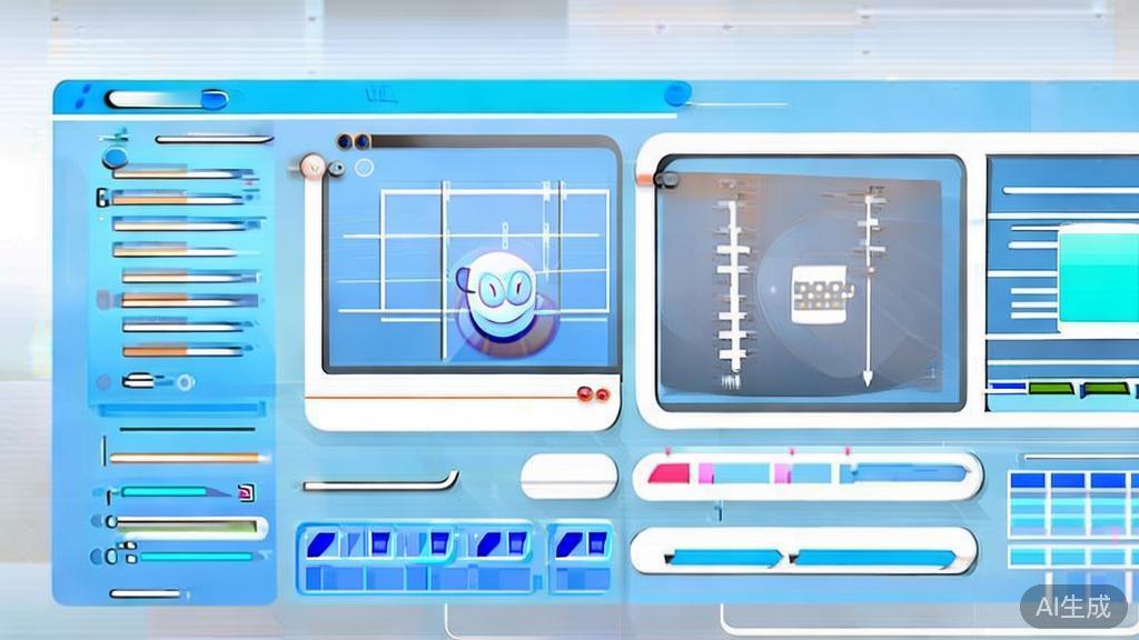 Flat vector illustration of AI image generation process, dashboard style, soft blue gradient