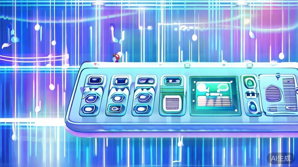 Flat vector illustration of AI-generated music in anime, dashboard style, soft blue gradient