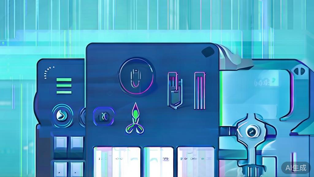 "Flat vector illustration of a video editing app with various features, soft blue gradient"