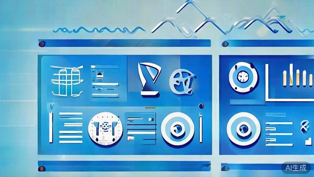 "Flat vector illustration of sound effects in video production, dashboard style, soft blue gradient"