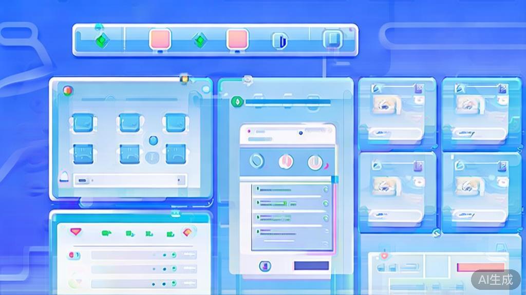 Flat vector illustration of DeepAI features, dashboard style, soft blue gradient