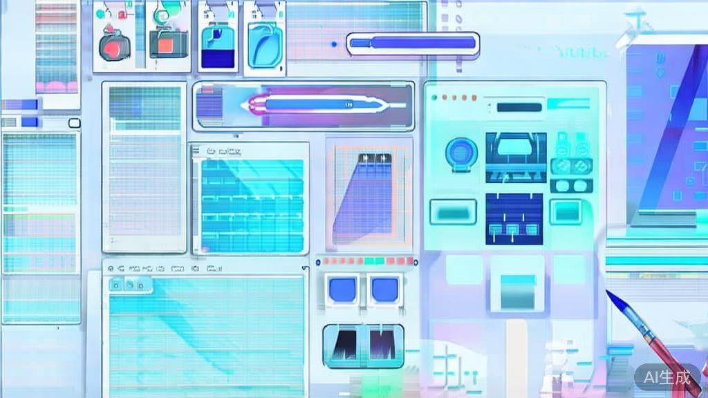 Flat vector illustration of AI tools assisting artists in their creative process, dashboard style, soft blue gradient