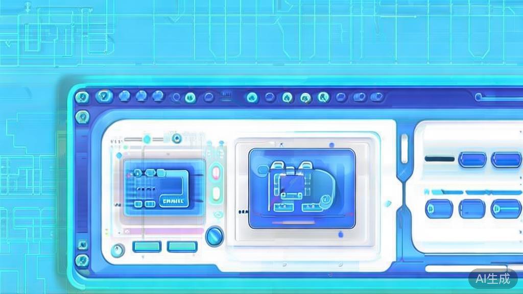 Flat vector illustration of future AI image generation technology, dashboard style, soft blue gradient