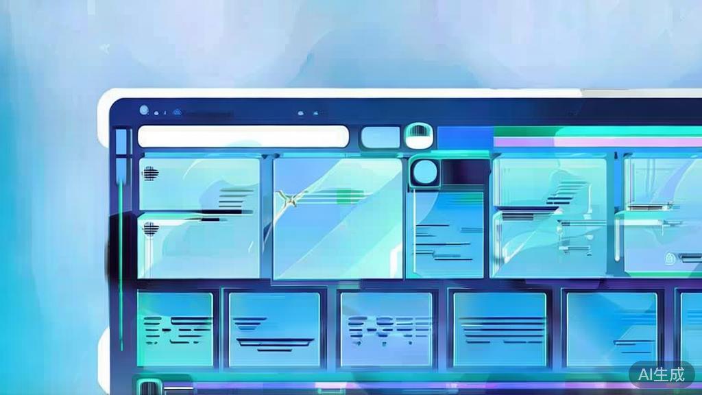 "Flat vector illustration of video editing interface with templates, soft blue gradient"