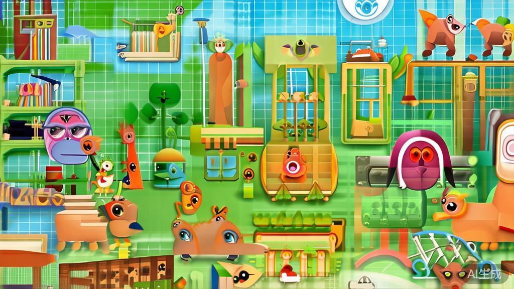 High-quality illustration of an animated educational series featuring animals, vibrant colors, playful design