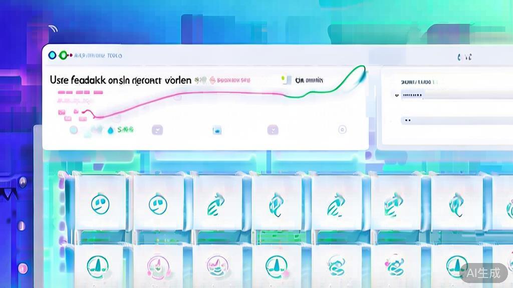 Flat vector illustration of user feedback and reviews for AI graphic content tools, dashboard style, soft blue gradient