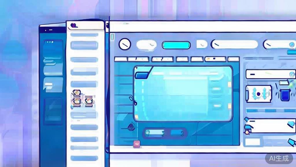Flat vector illustration of deep learning tools for video synthesis, dashboard style, soft blue gradient
