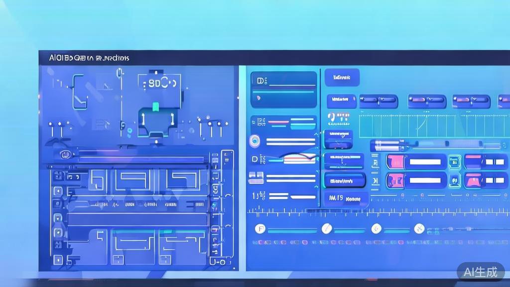 Flat vector illustration of AI video generation process, dashboard style, soft blue gradient