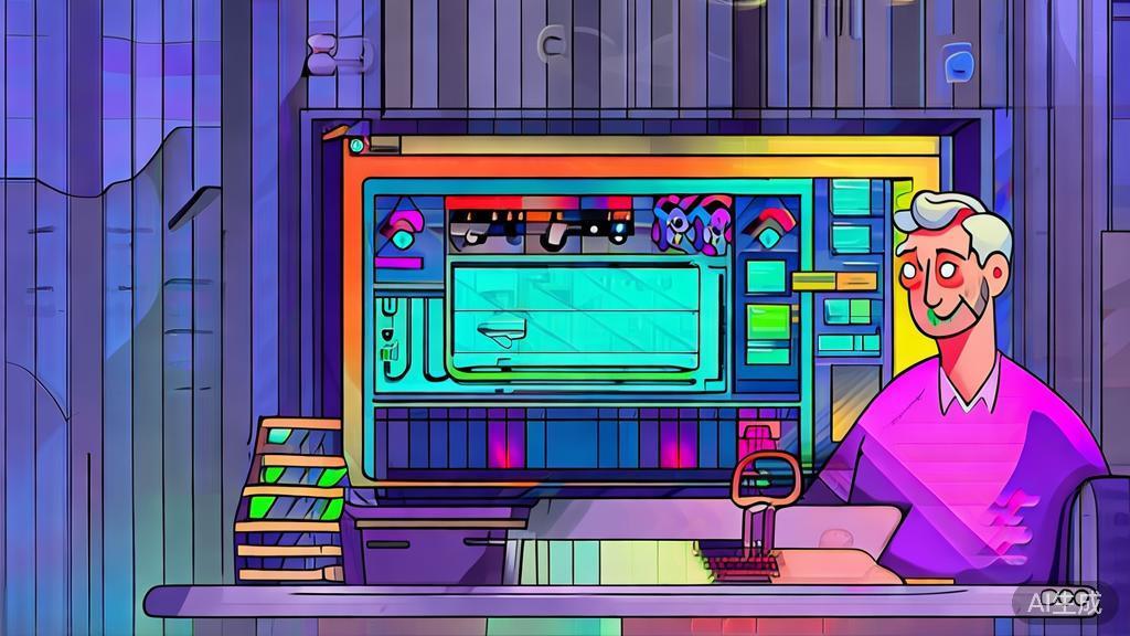 Flat vector illustration of a user interacting with video production software, corporate Memphis style