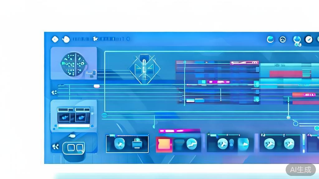 Flat vector illustration of video editing process, dashboard style, soft blue gradient