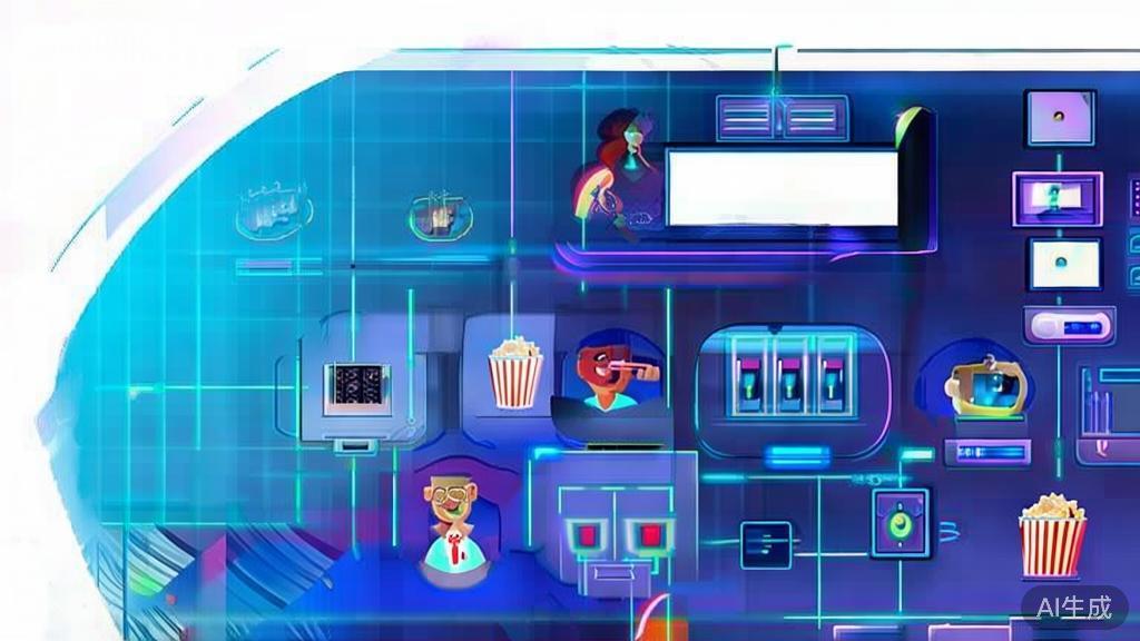 "Flat vector illustration of audience engagement in film viewing, dashboard style, soft blue gradient"