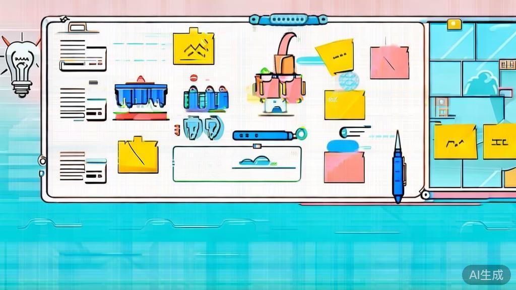 Flat vector illustration of creative brainstorming session, dashboard style, soft blue gradient