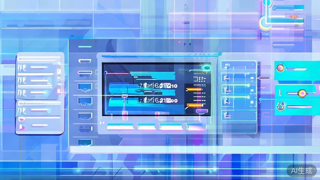 Flat vector illustration of video editing process using AI tools, dashboard style, soft blue gradient