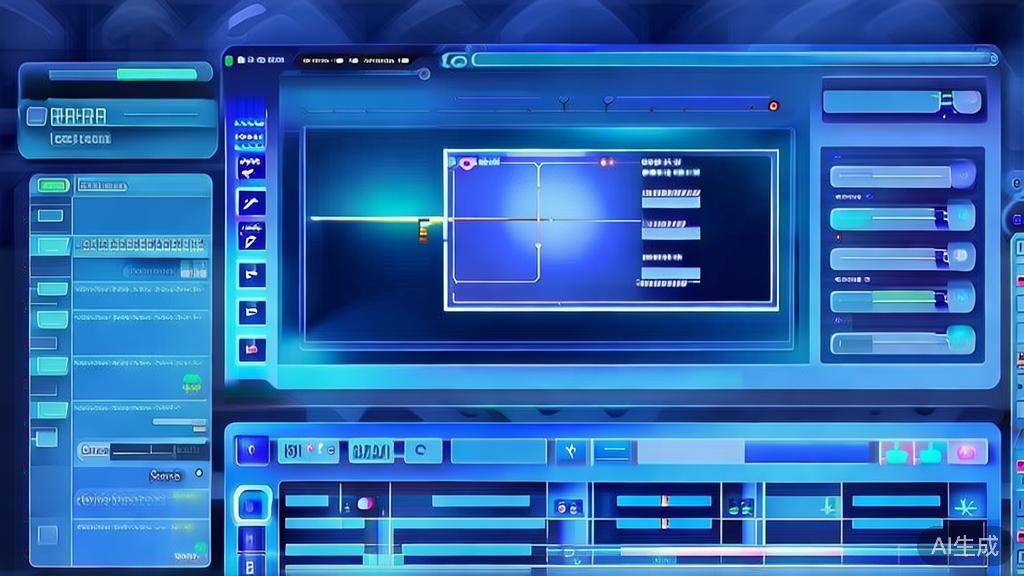 Flat vector illustration of AI-driven video editing software, dashboard style, soft blue gradient