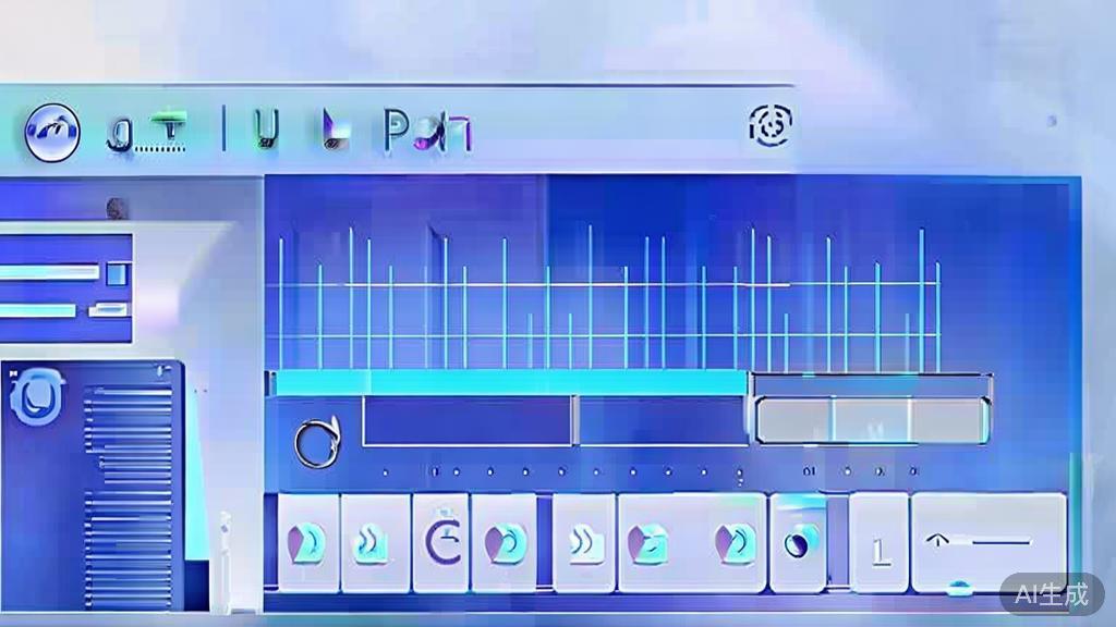 Flat vector illustration of AI video editing interface, dashboard style, soft blue gradient