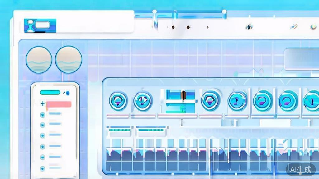 Flat vector illustration of AI short drama production tools dashboard style, soft blue gradient