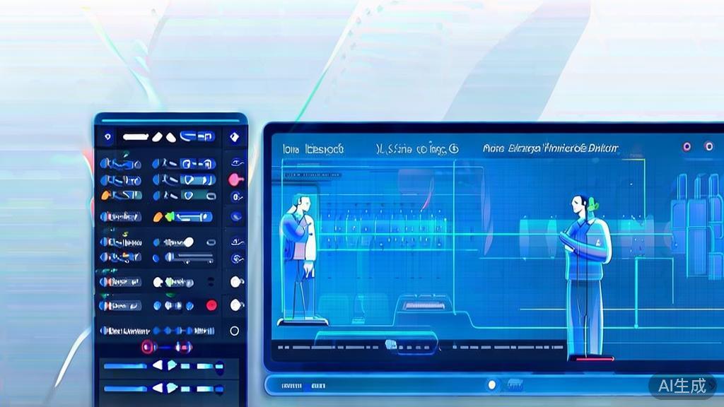 Flat vector illustration of future collaboration between creators and AI in drama production, dashboard style, soft blue gradient