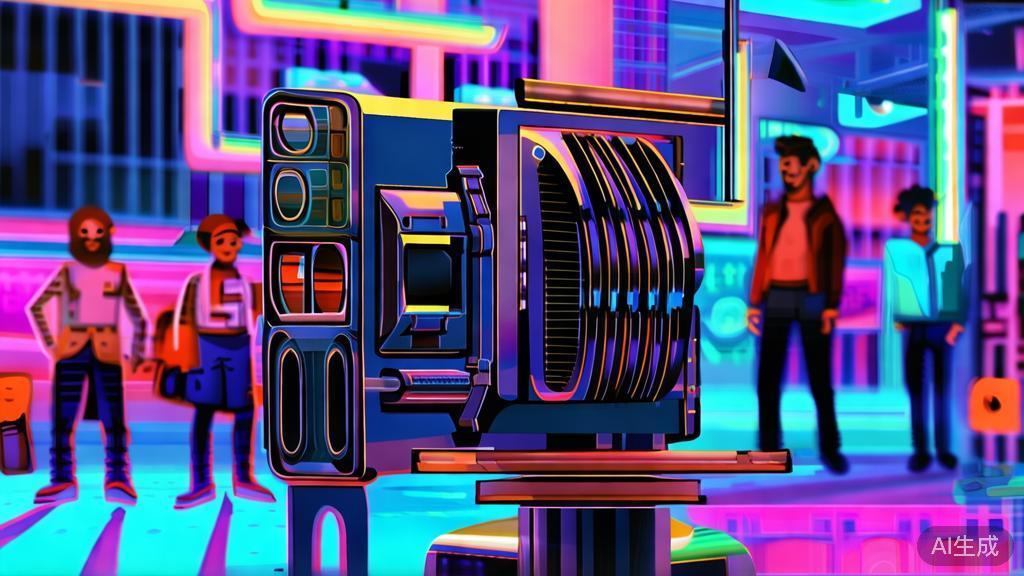 "Illustration of a video shooting scene with a camera and crew, corporate Memphis style"