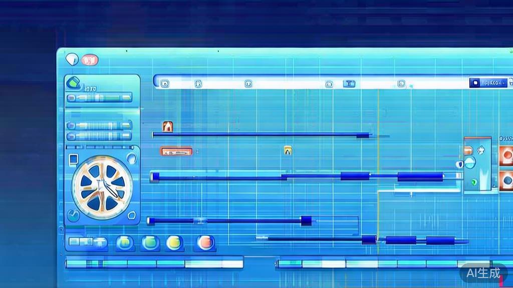 Flat vector illustration of video editing process, dashboard style, soft blue gradient