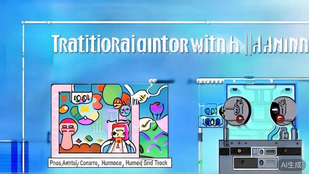 "Flat vector illustration comparing traditional animation and AI animation, showing pros and cons, soft blue gradient"