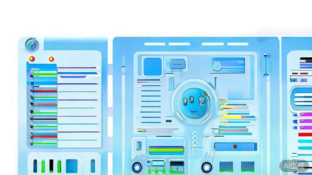 Flat vector illustration of AI in character animation, dashboard style, soft blue gradient