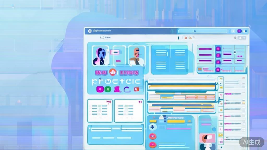 Flat vector illustration of AI short drama production process, dashboard style, soft blue gradient