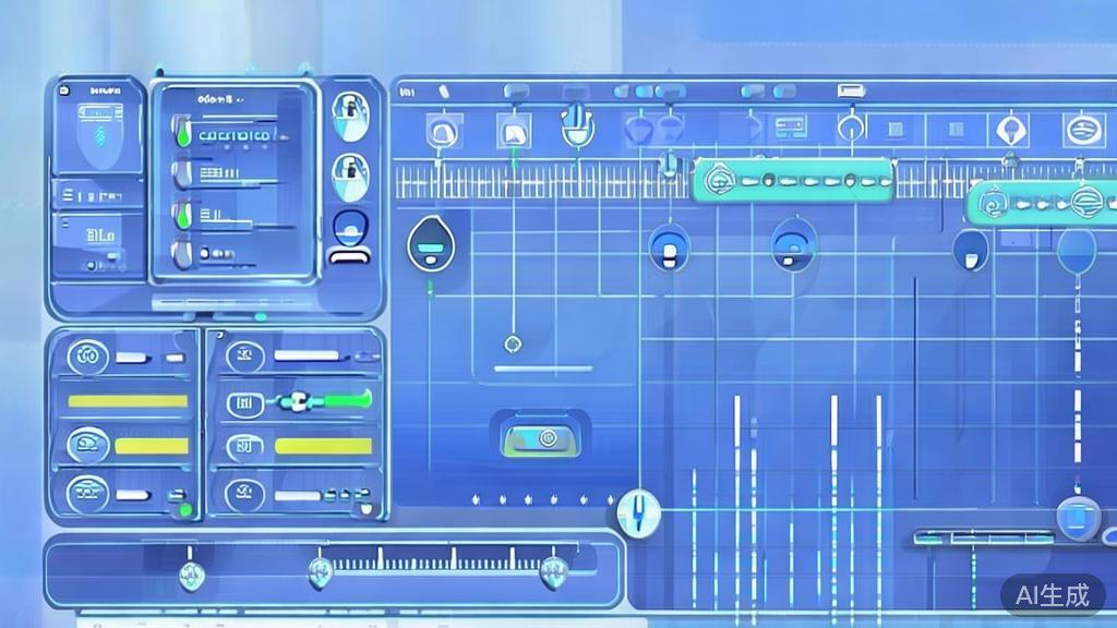 Flat vector illustration of AI video editing tools, dashboard style, soft blue gradient
