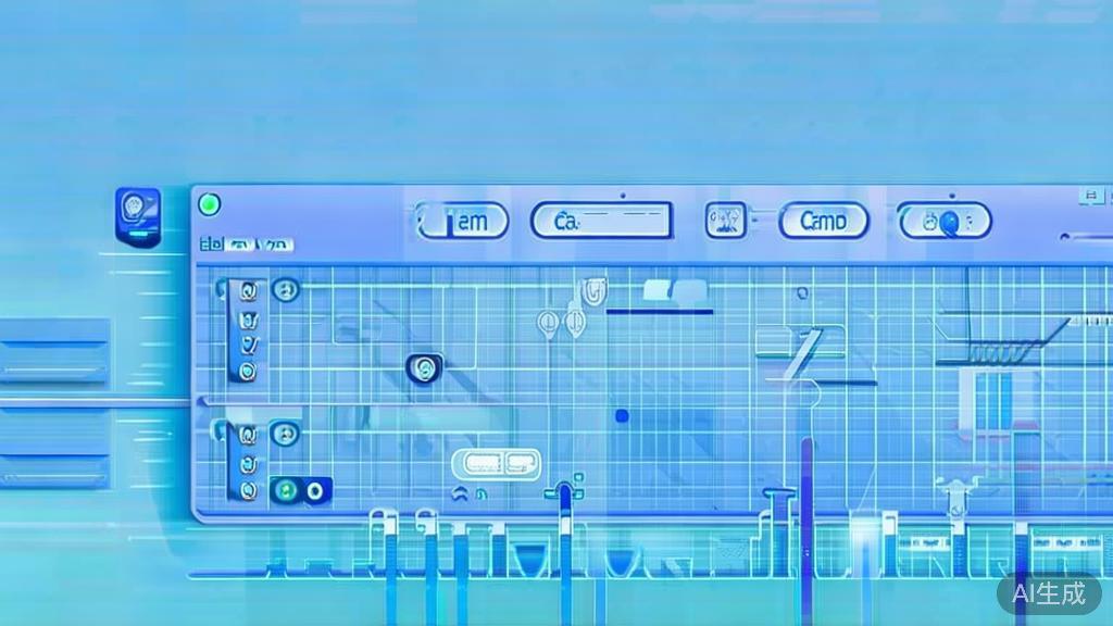 Flat vector illustration of AI video editing tools, dashboard style, soft blue gradient