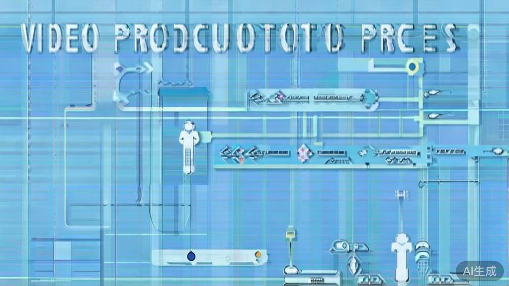 Flat vector illustration of video production process, dashboard style, soft blue gradient