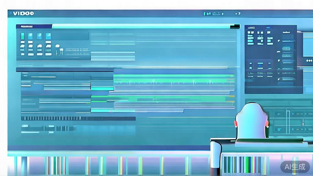 "Flat vector illustration of a person testing video editing software, dashboard style, soft blue gradient"