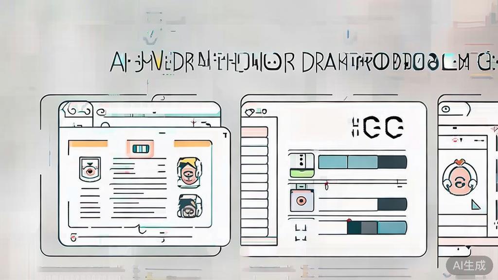 "High-quality business illustration regarding AI short drama production process, featuring script creation, character design, and video editing, minimal flat design"