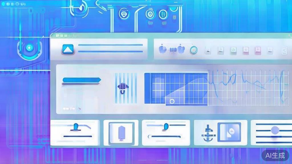 Flat vector illustration of AI voiceover tool, dashboard style, soft blue gradient