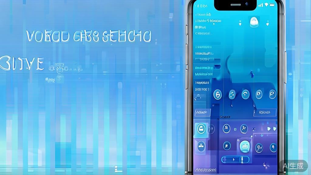 "Flat vector illustration of a mobile video editing app, corporate design, soft blue gradient"