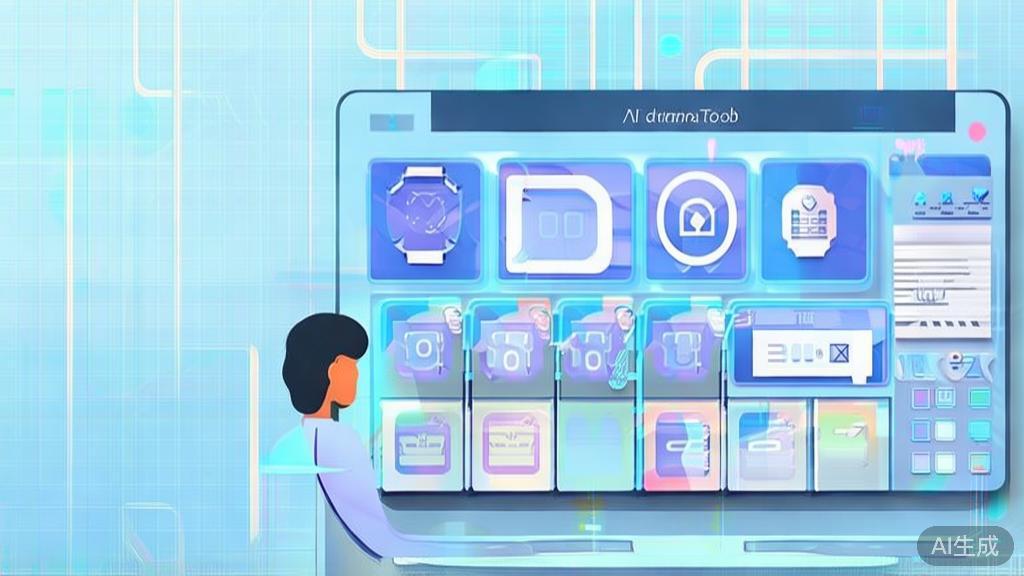 Flat vector illustration of a user interacting with an AI drama tool, dashboard style, soft blue gradient