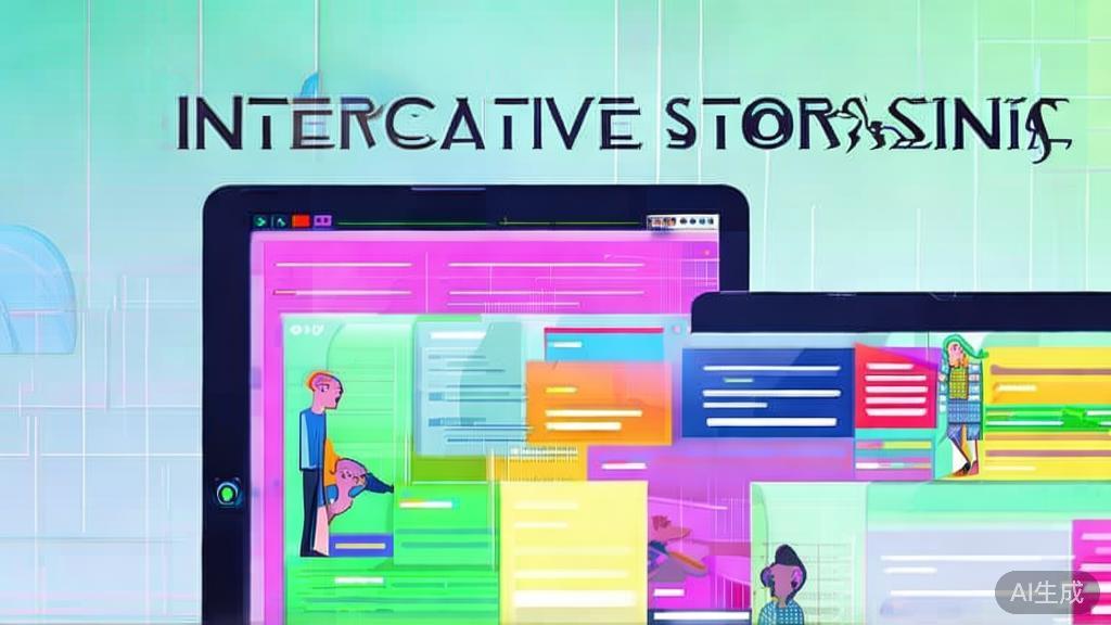 "High-quality business illustration regarding interactive storytelling, minimal flat design"