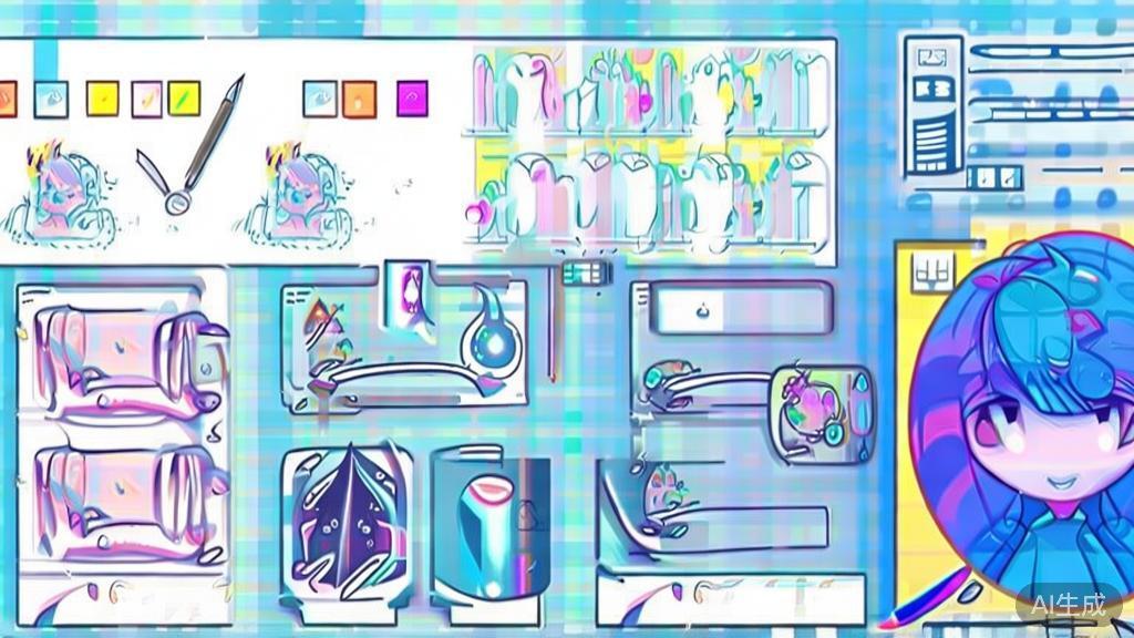 Flat vector illustration of anime character design process, dashboard style, soft blue gradient