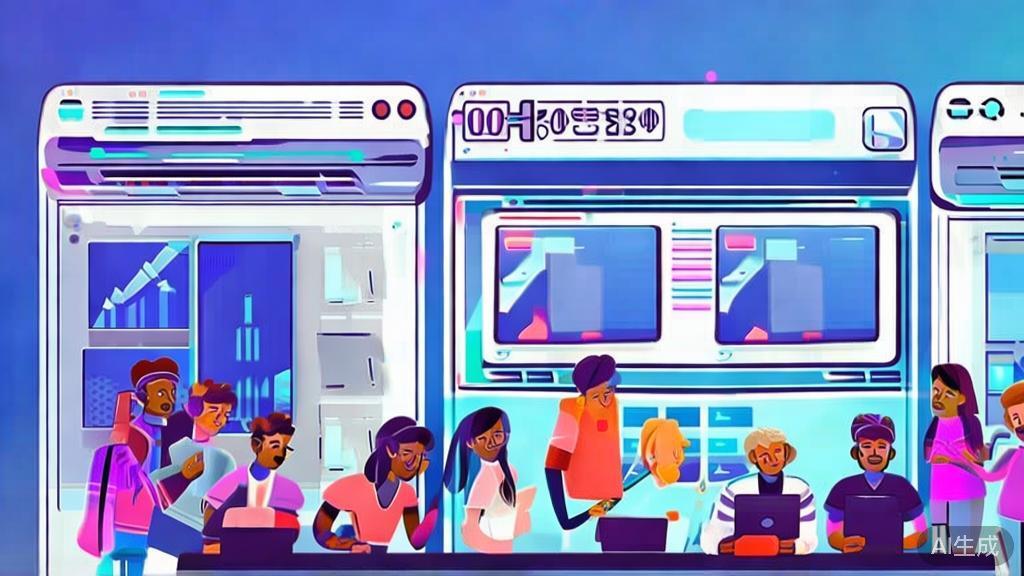 "Flat vector illustration of students collaborating on a short play using AI software, dashboard style, soft blue gradient"