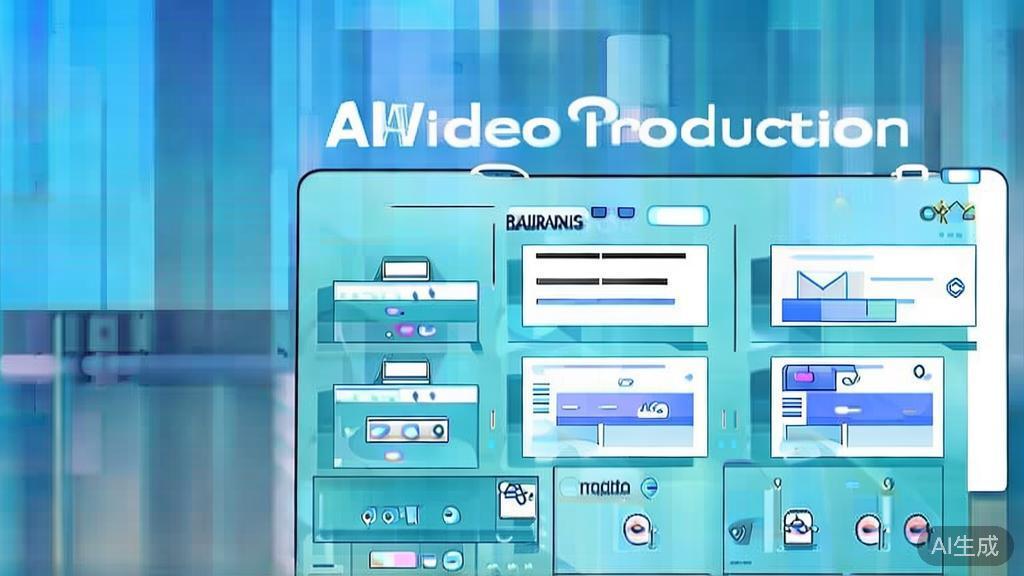 "Flat vector illustration of AI video production, dashboard style, soft blue gradient"